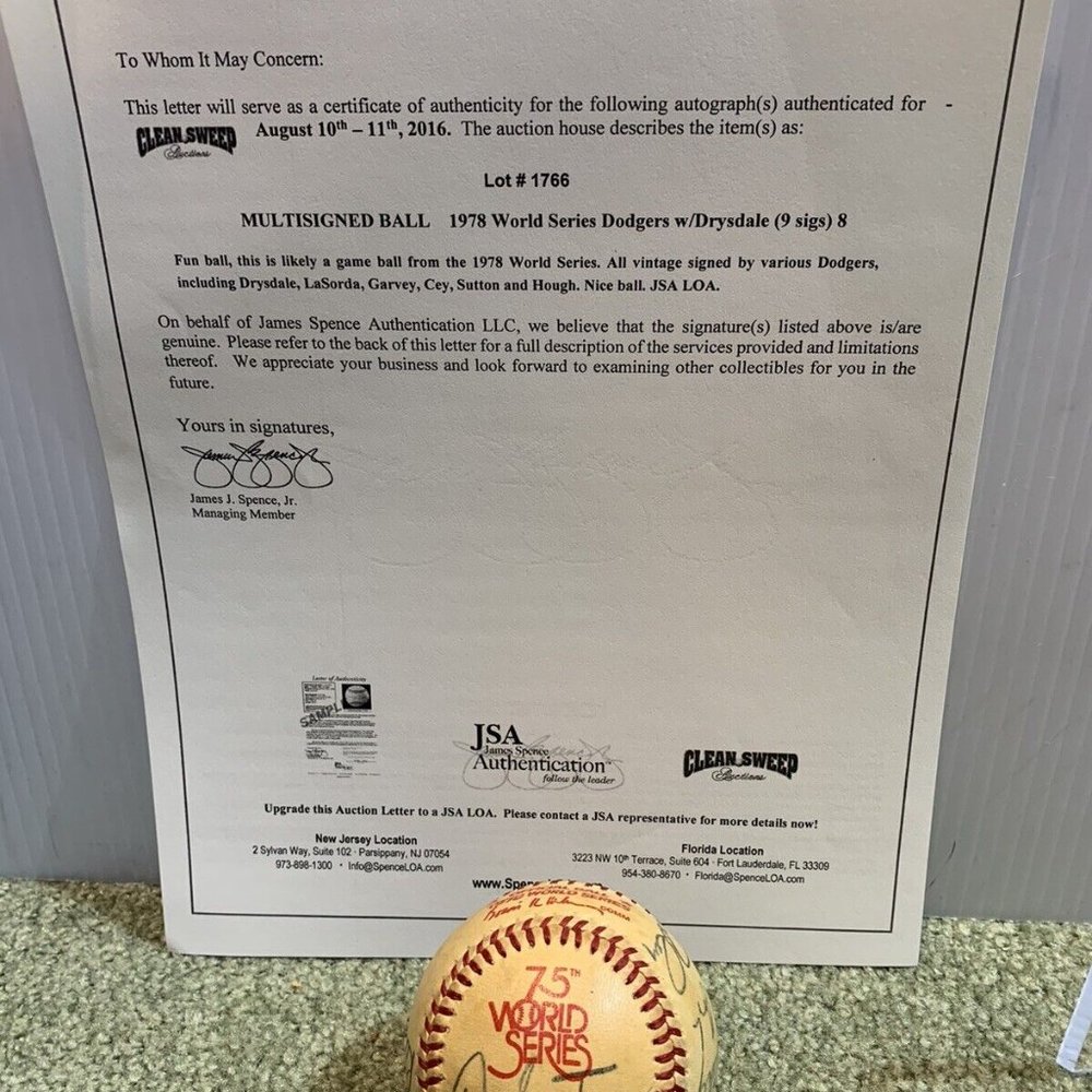 JSA LOA COA 9 Signed Baseball 1978 World Series Dodgers Drysdale Game Used Ball!